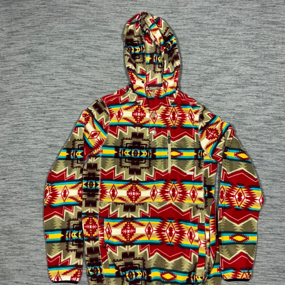 Dravus Mens Small Fleece Hoodie Southwestern Geometric Snap Neck Pullover Red